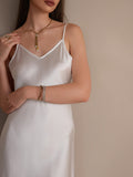 SilkSilky ES Seda Pura Sin mangas Cuello en V Vestido Blanco 003