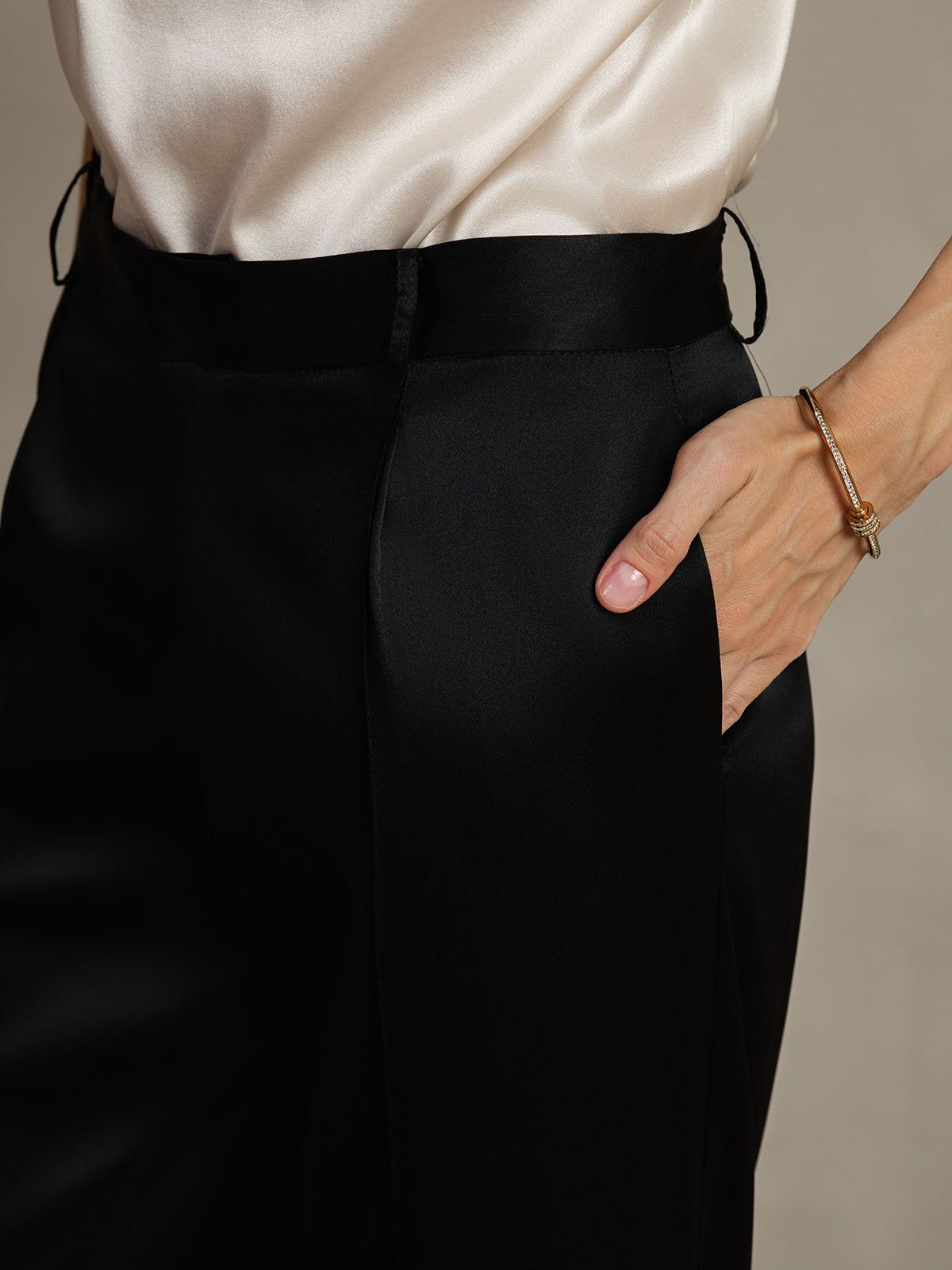 [Negro] SilkSilky-ES 19Momme Seda Womens Pants 004