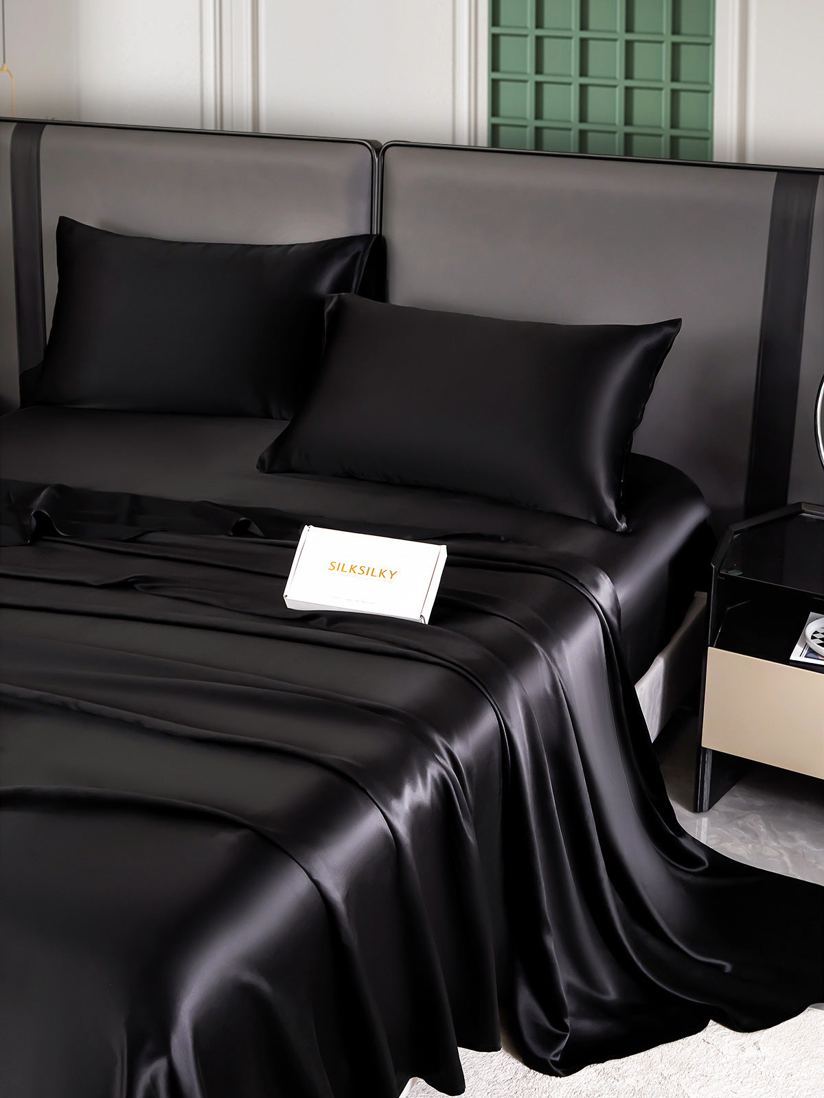 [Negro] SilkSilky-ES 25Momme Seda Pura Bedding Set 003