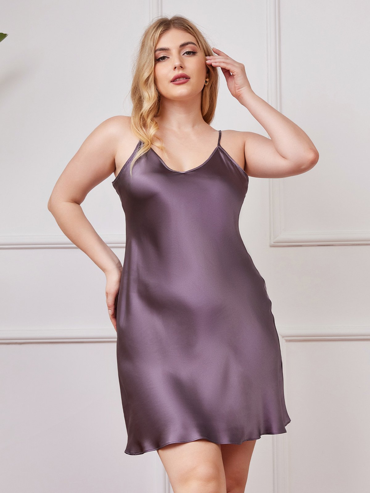 SilkSilky ES Seda Pura Cuello en V profundo Vestido talla grande GrisPúrpura 003