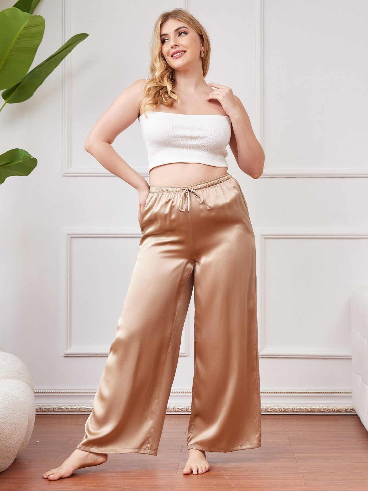 SilkSilky ES Seda Pura Plus Size Womens Pants Champán 001