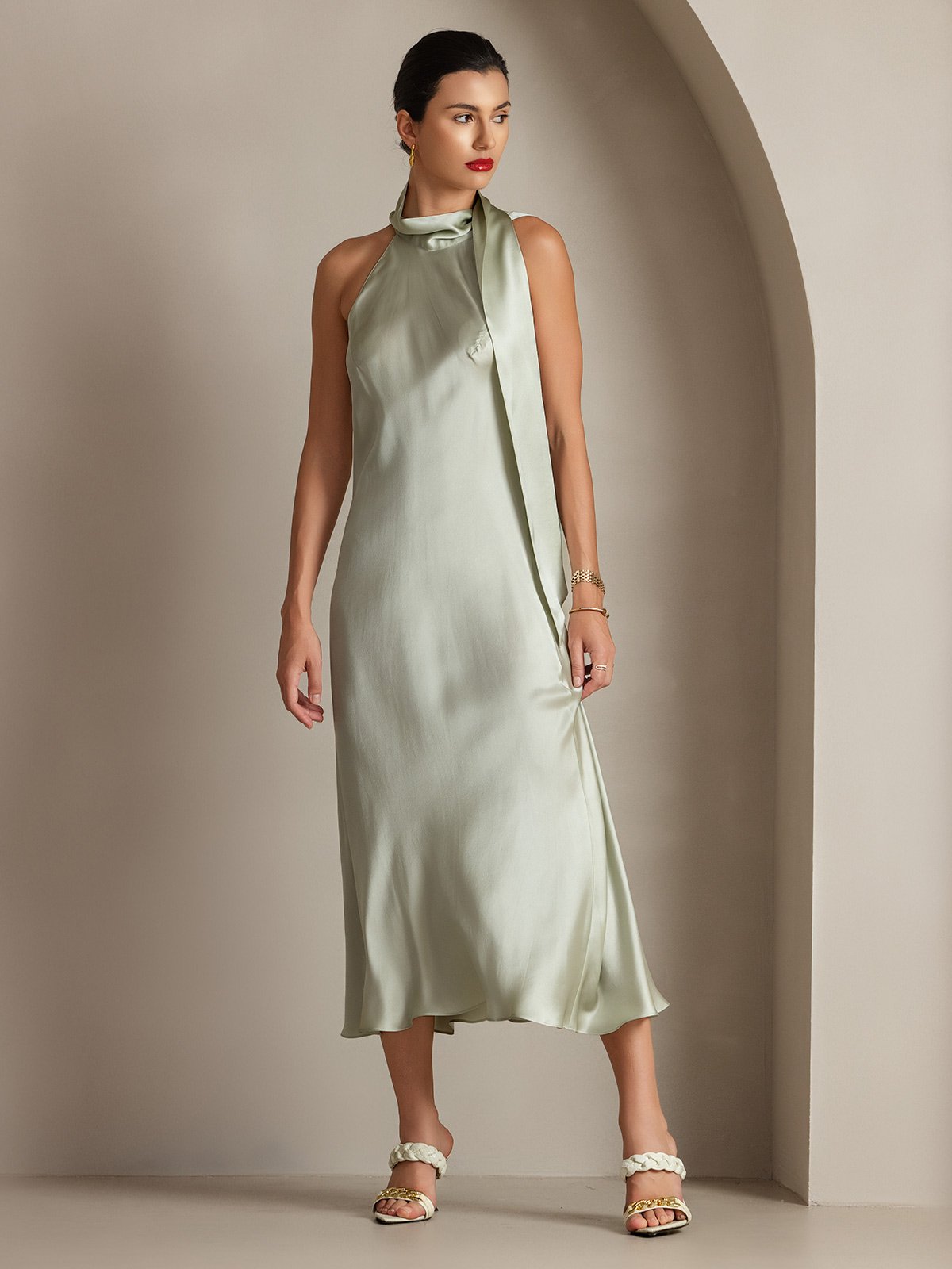 [Verde Claro] SilkSilky-ES 19Momme Seda Sin mangas Corbata Vestido 004