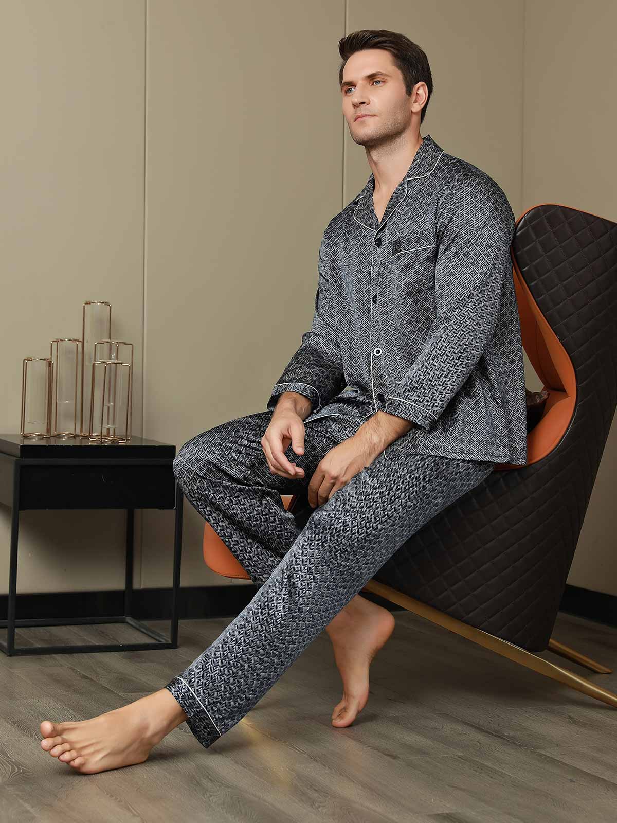 [Ginkgo Azul Marino] SilkSilky-ES 19Momme Seda Pura Mens Pajamas 003