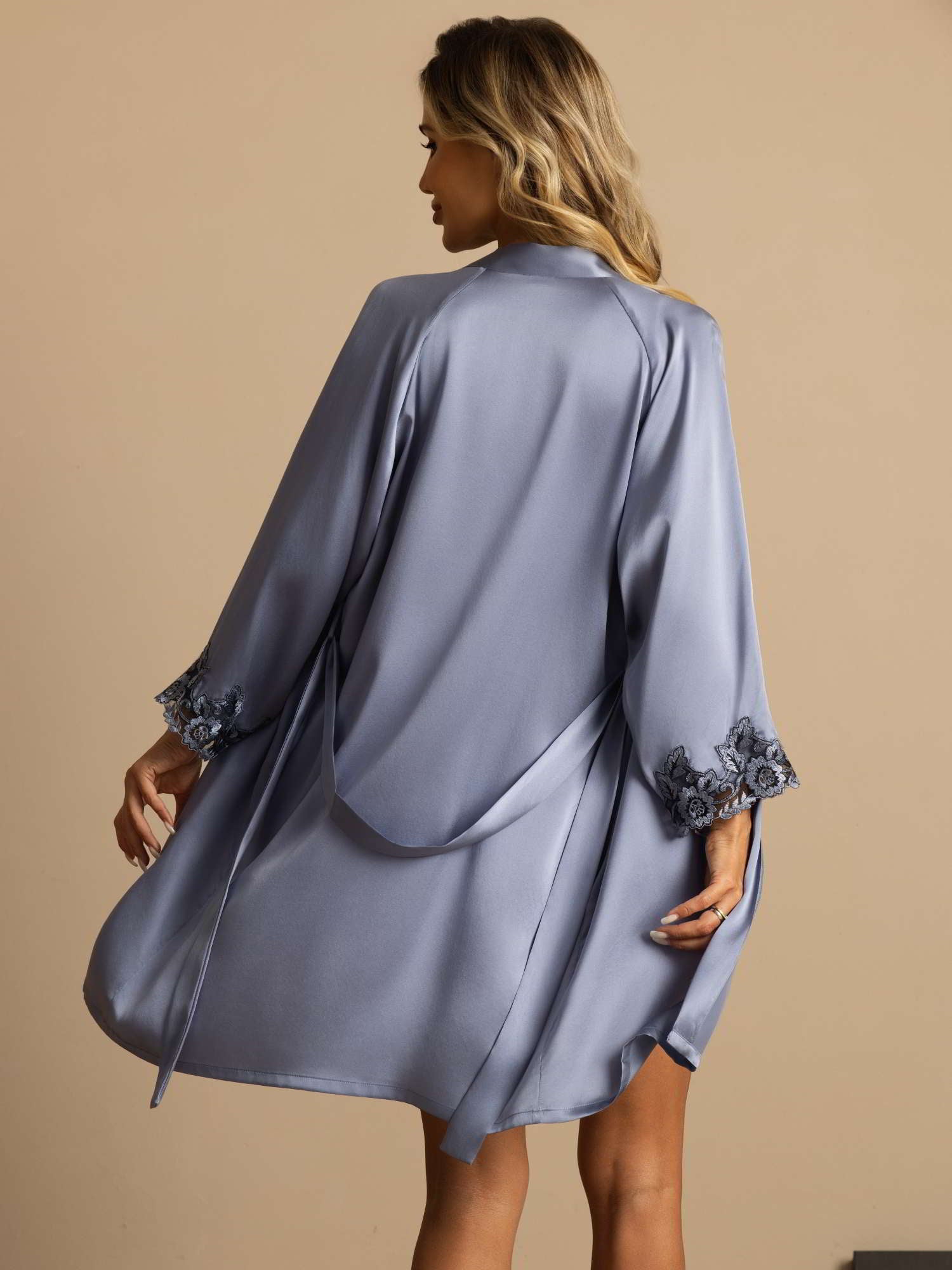 [Azul Acero] SilkSilky-ES Seda Pura Manga francesa Cuello en V Pijamas de mujer 002