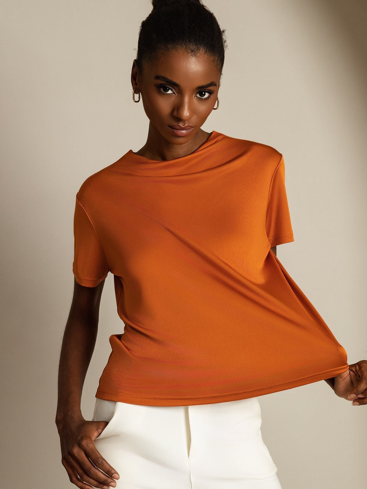 [Naranja] SilkSilky-ES Seda Pura Cuello Camisero Camisetas de Mujer 001