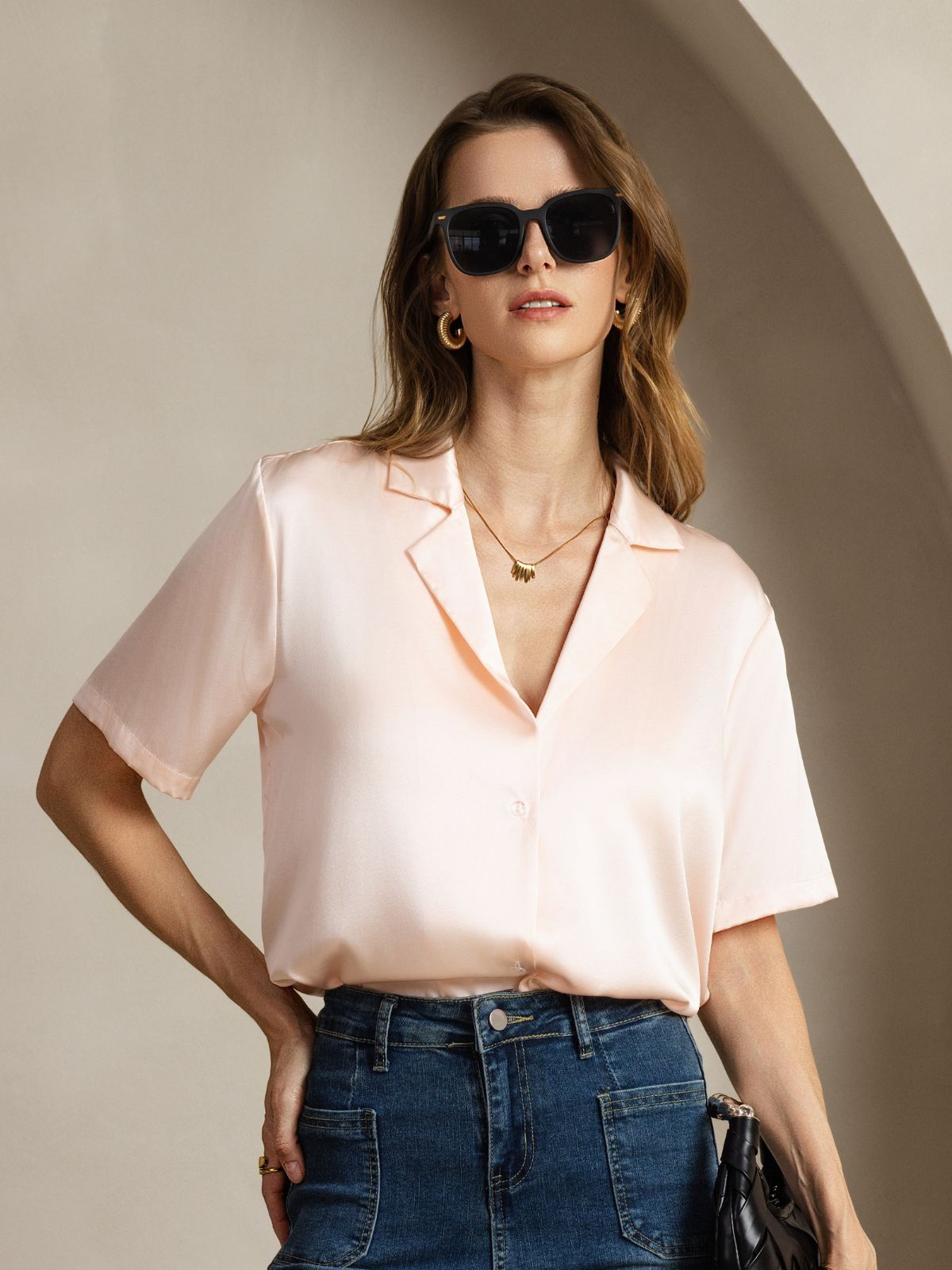 [Rosa] SilkSilky-ES 19Momme Seda Escote V Blusas de Mujer 001