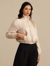 [MarrónClaro+Rosa] SilkSilky-ES 18Momme Manga larga Cuello Alto Chaqueta de mujer 004