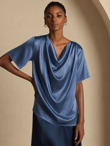 [Verde Azulado Real] SilkSilky-ES Short Sleeve Cowl Neck Blusas 005