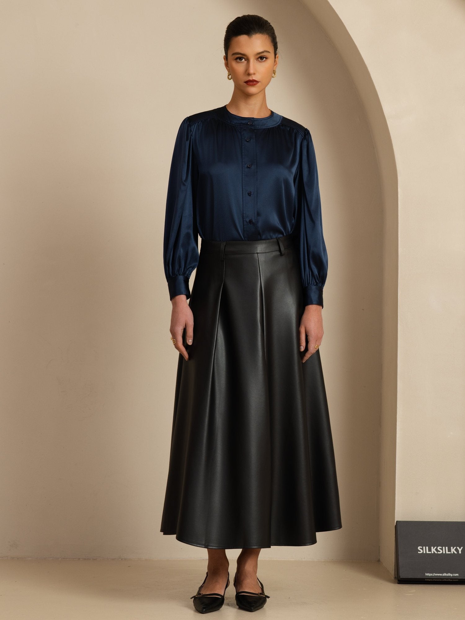 [Azul Oscuro] SilkSilky-ES 19Momme Long Sleeve Round Neck Blusa 007