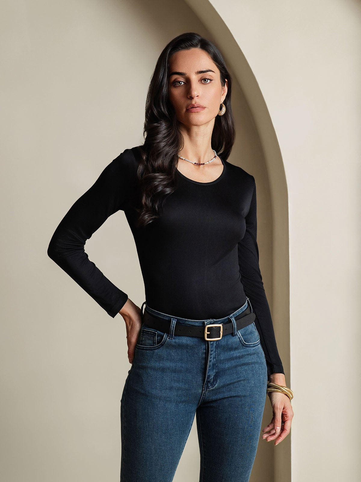 [Negro] SilkSilky-ES Seda Womens T-Shirt 001