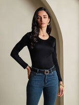 [Negro] SilkSilky-ES Manga larga Cuello Redondo Camisetas de Mujer 001