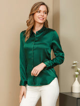 [Verde Oscuro] SilkSilky-ES Long Sleeve Lapel Collar Blusas de Mujer 001