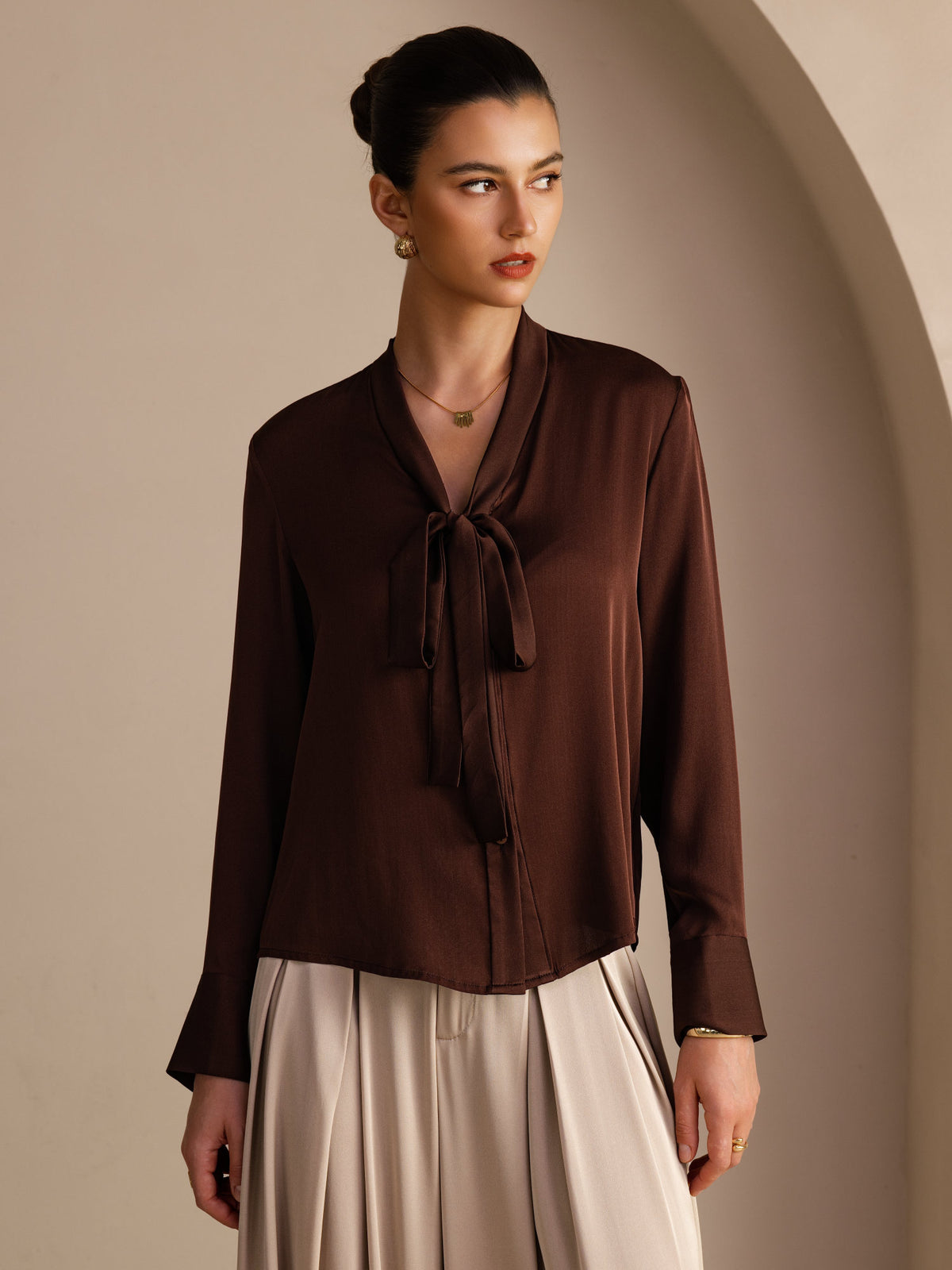 [Chocolate Negro] SilkSilky-ES Long Sleeve Tie Neck Blusas 001
