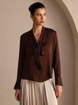 [Chocolate Negro] SilkSilky-ES Long Sleeve Tie Neck Blusas 001