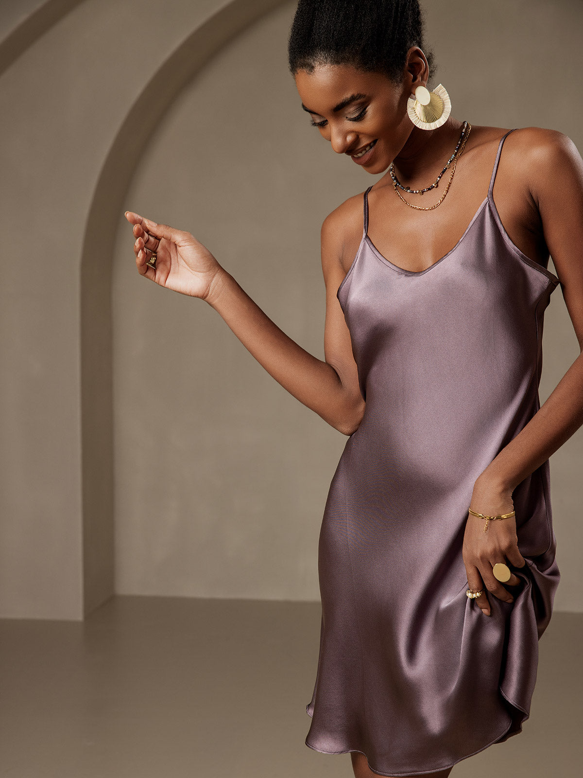 [Gris Púrpura] SilkSilky-ES Seda Pura Cuello en V Vestido 003