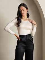 [Beige] SilkSilky-ES Manga larga Cuello Redondo Camisetas de Mujer 003
