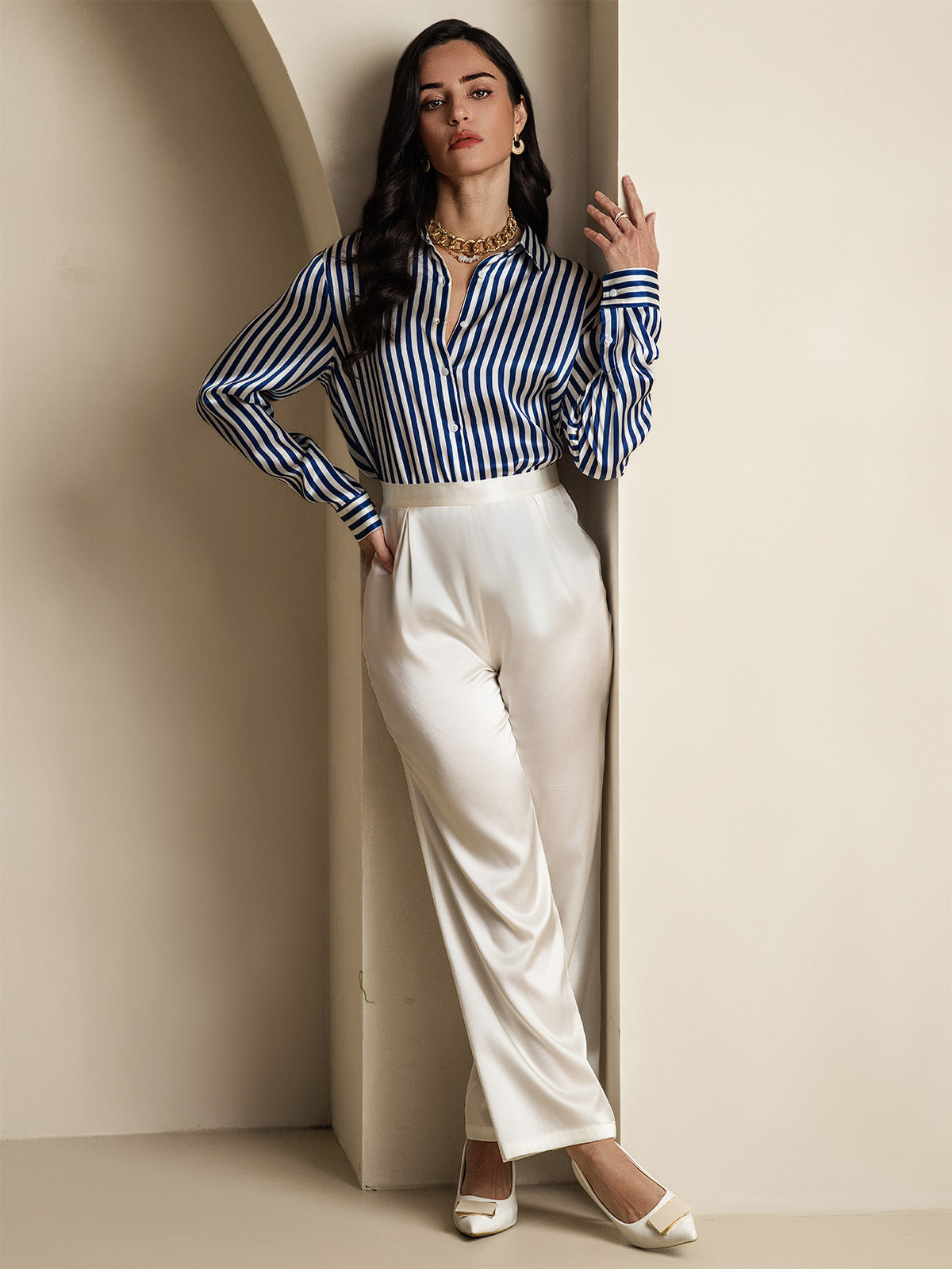 [Azul] SilkSilky-ES Seda Lapel Collar Blusas de Mujer 008
