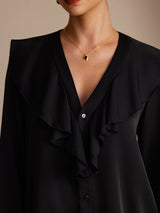 [Negro] SilkSilky-ES Long Sleeve Deep V Neck Blusas 005