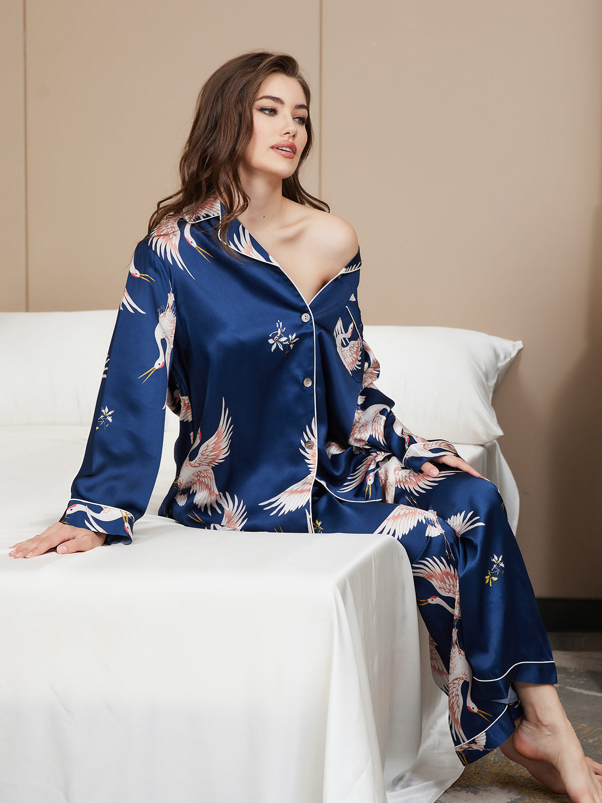 [Azul Oscuro] SilkSilky-ES 19Momme Seda Pura Manga larga Solapa Pijamas de mujer 002