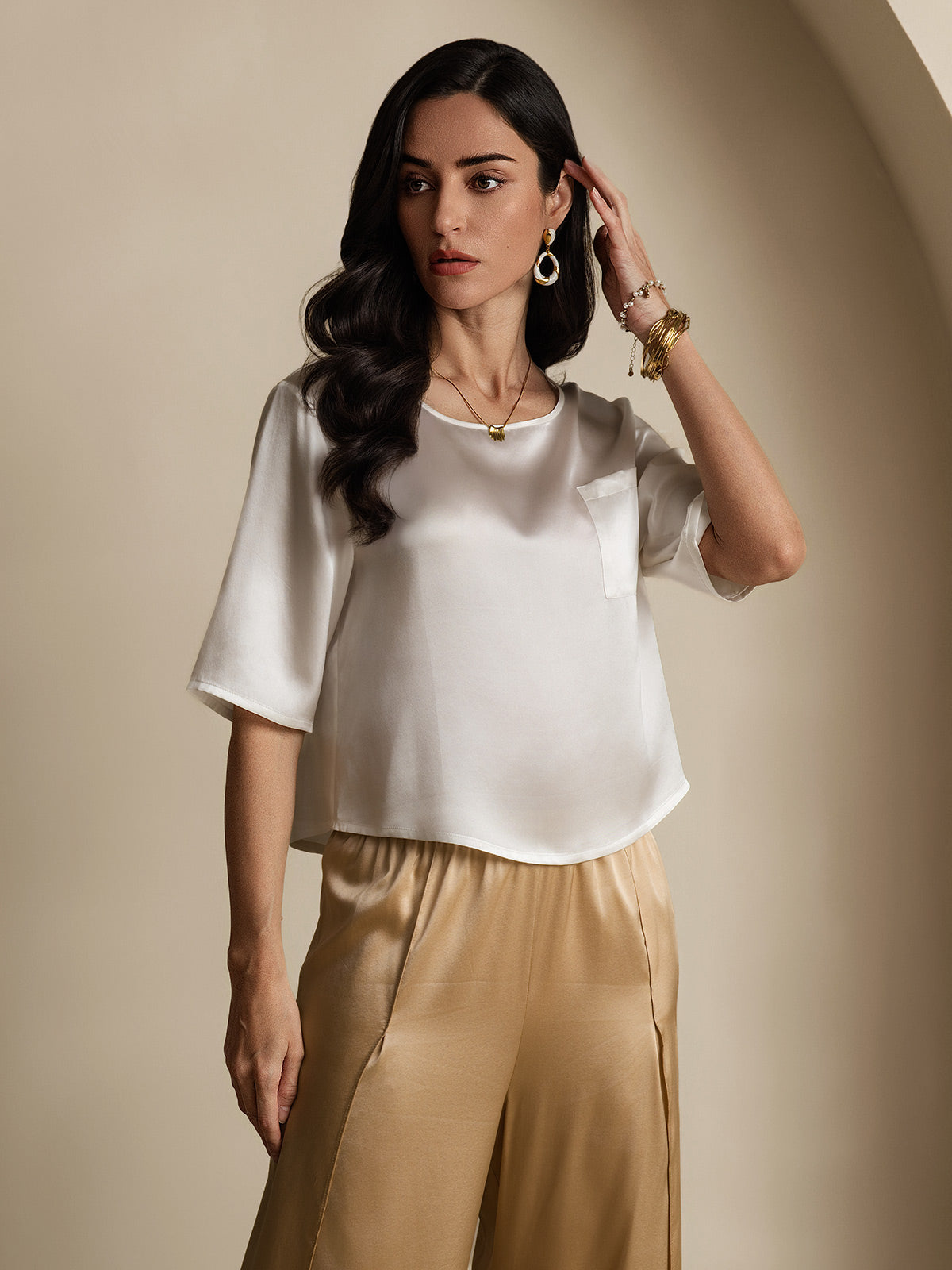 [Blanco] SilkSilky-ES Seda Pura Cuello Barco Camisetas de Mujer 004