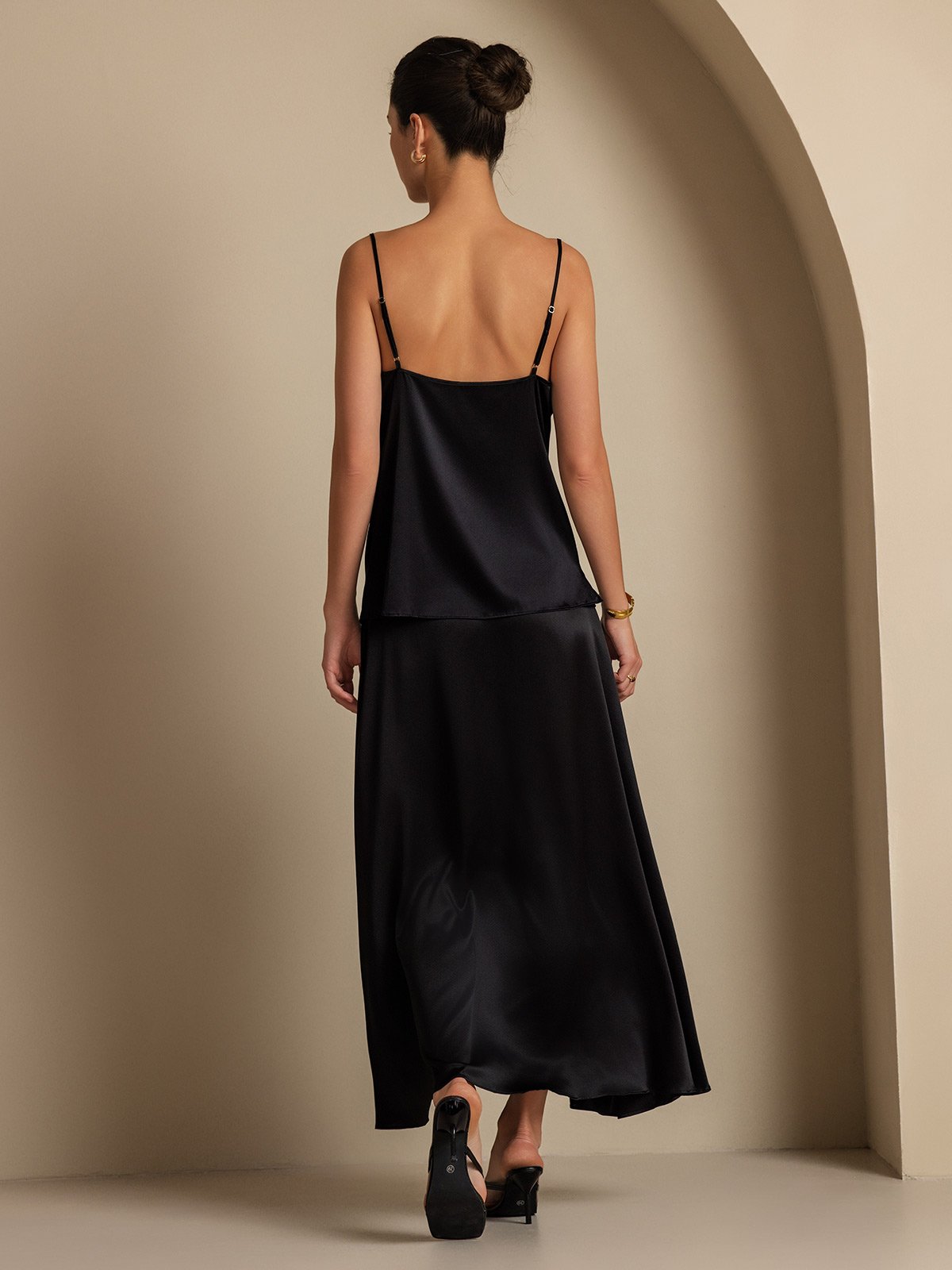 [Negro] SilkSilky-ES 19Momme Seda Cuello Camisero Women''s Outfit Sets 002,