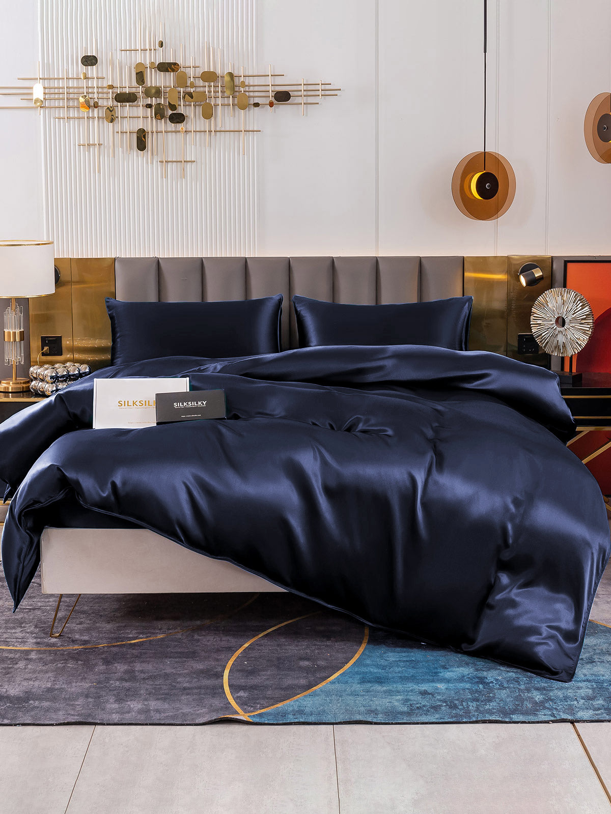 [Azul Oscuro] SilkSilky-ES 19Momme Seda Pura Bedding Set 001