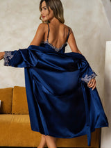 [Azul Oscuro] SilkSilky-ES 3/4 Sleeve V Neck Conjunto de camisón y bata 002