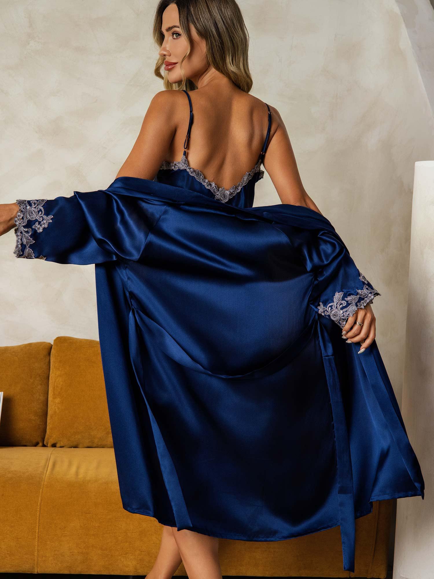 [Azul Oscuro] SilkSilky-ES Manga francesa Cuello en V Conjunto de camisón y bata 002
