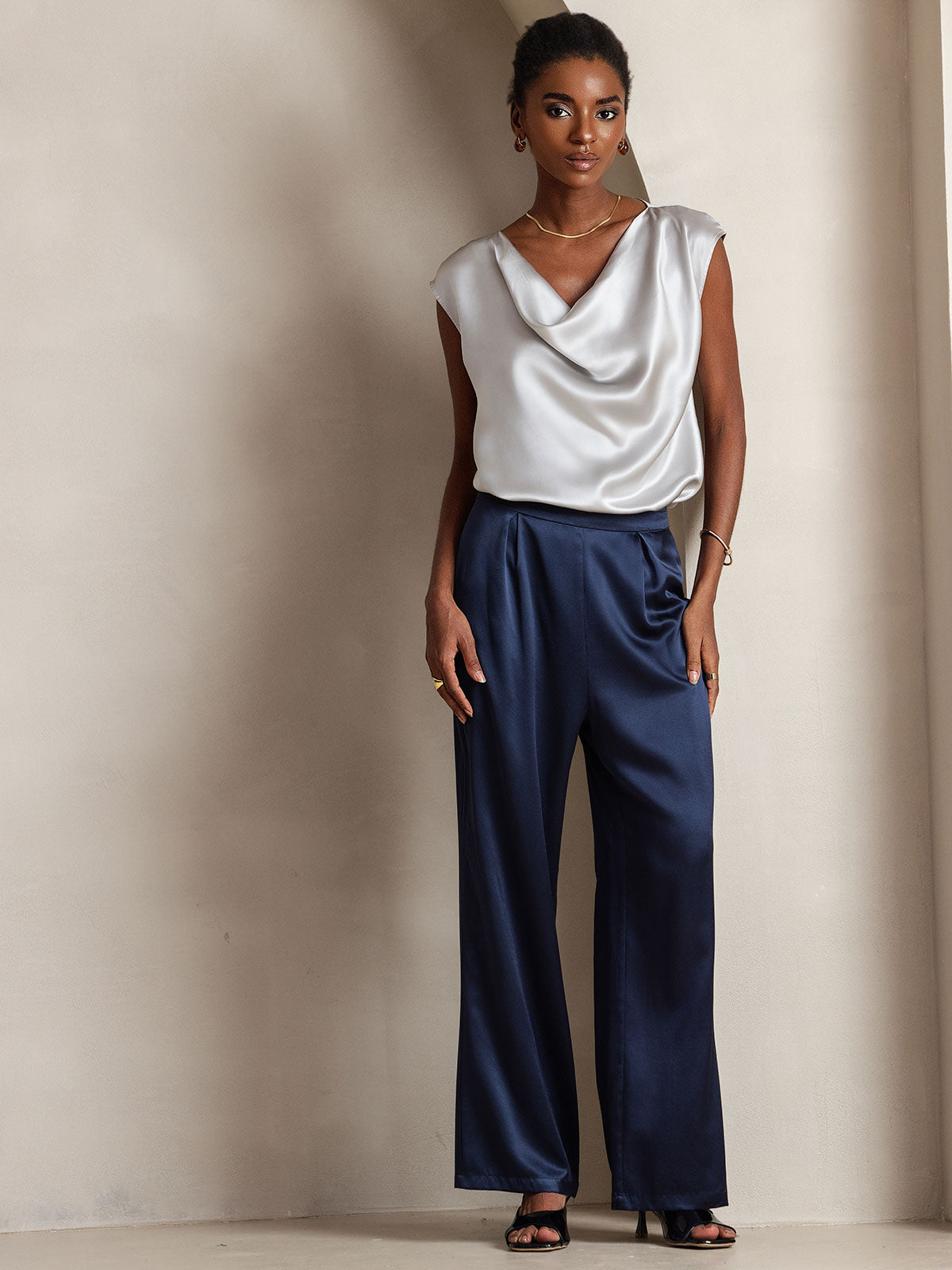 [Gris Claro] SilkSilky-ES 19Momme Seda Escote Caído Camisetas de Mujer 005