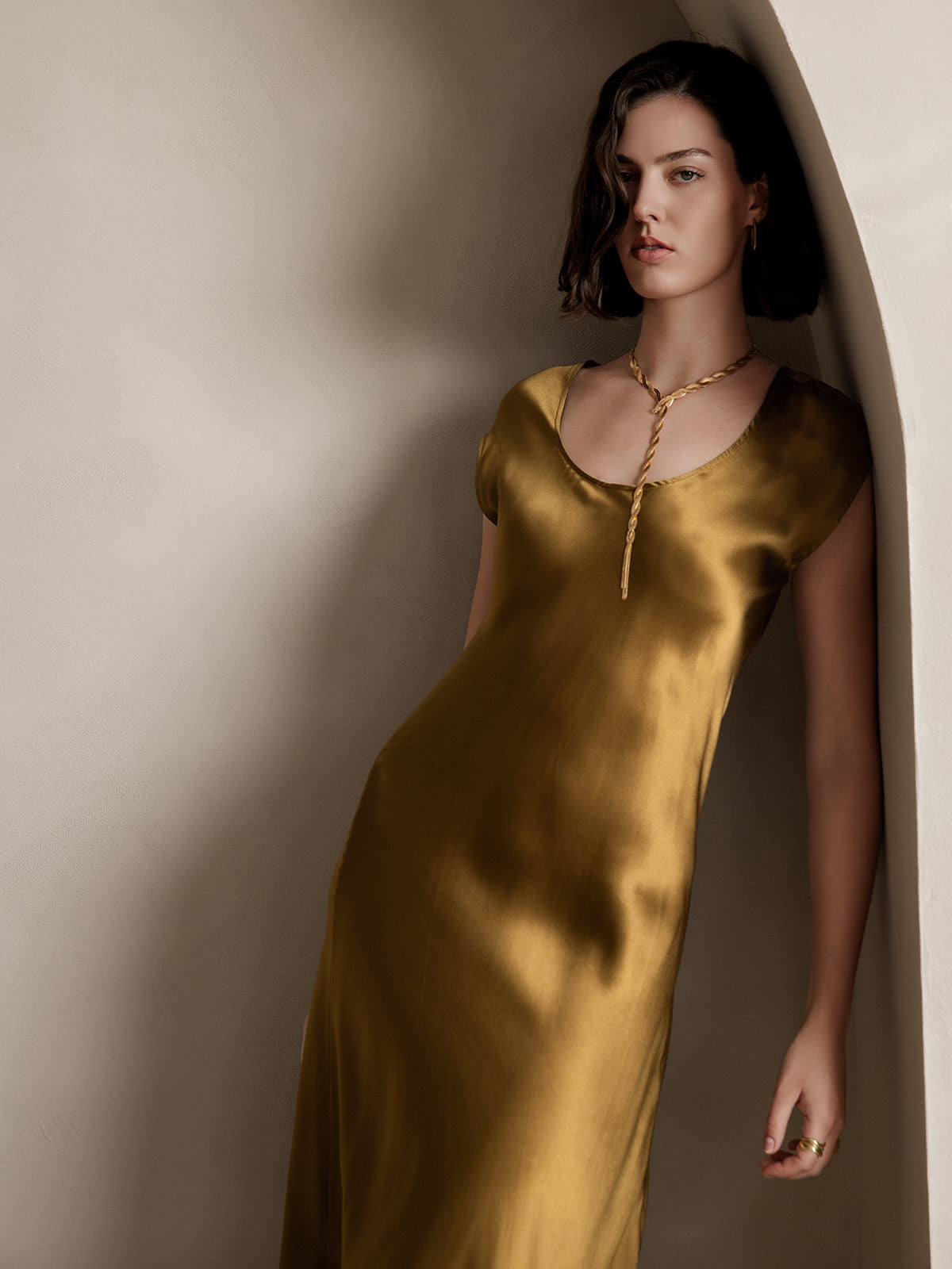 [Marrón] SilkSilky-ES 19Momme Seda Dress 004