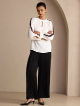 [Blanco] SilkSilky-ES Long Sleeve Keyhole Neck Blusas 007