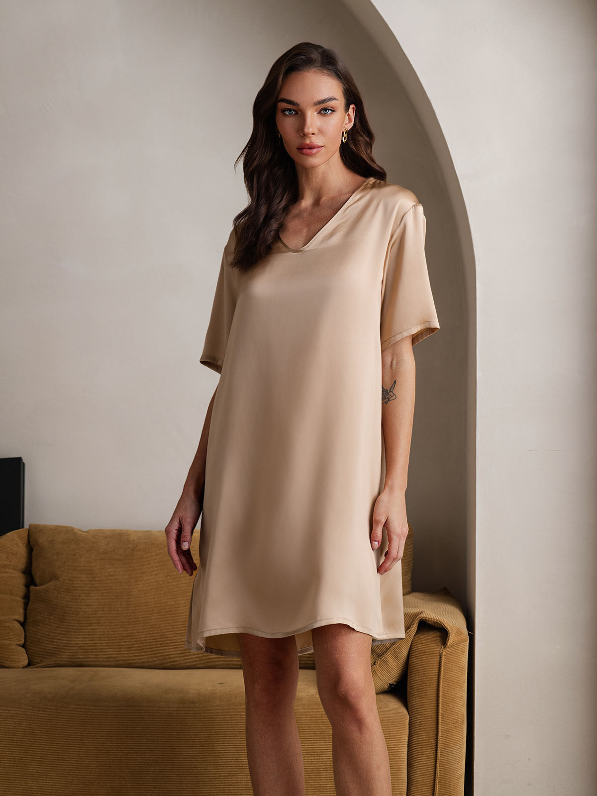 [Champán] SilkSilky-ES Seda Pura Cuello en V Camisón 006