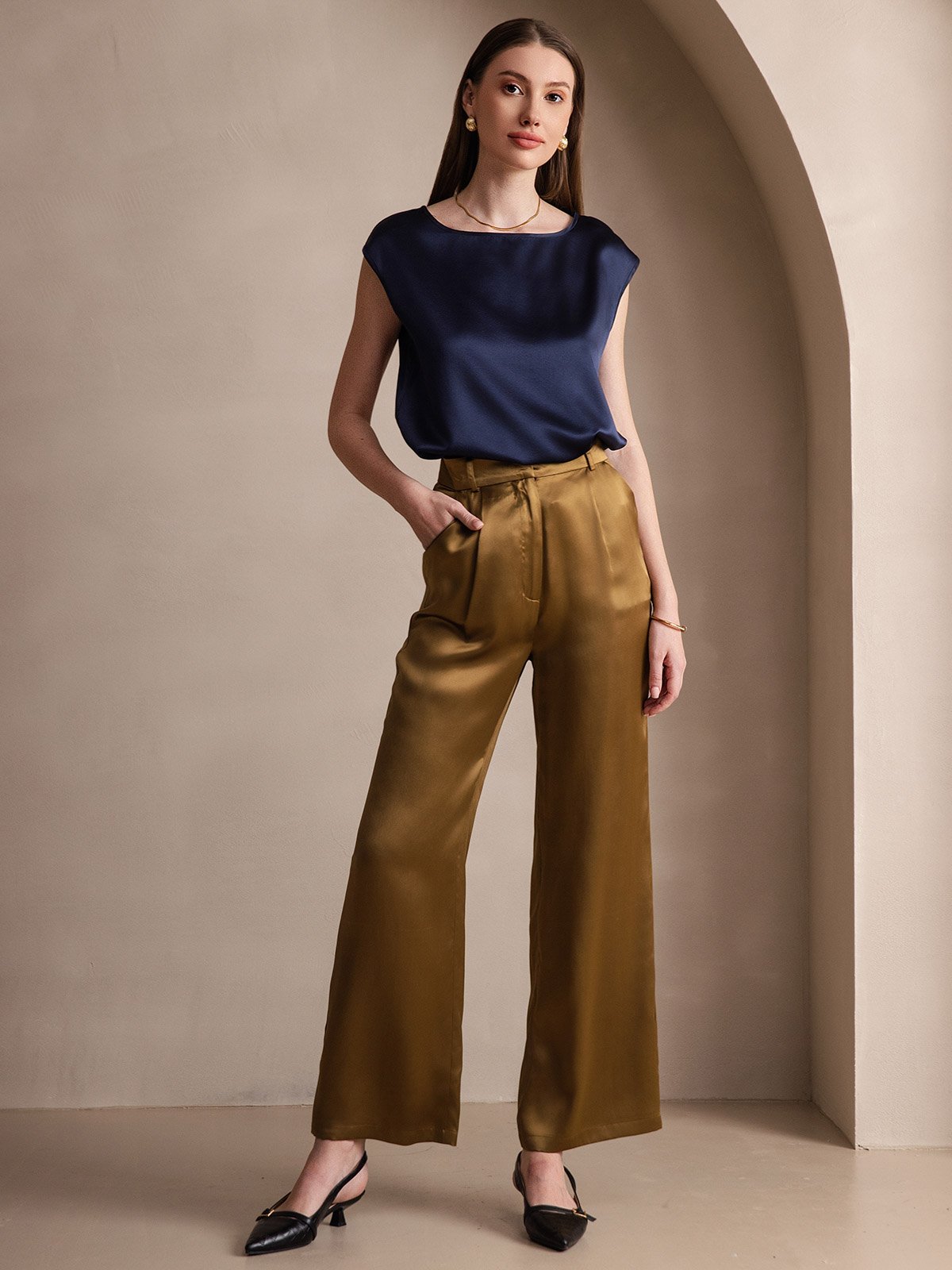 [Azul Oscuro] SilkSilky-ES 19Momme Seda Womens T-Shirt 006