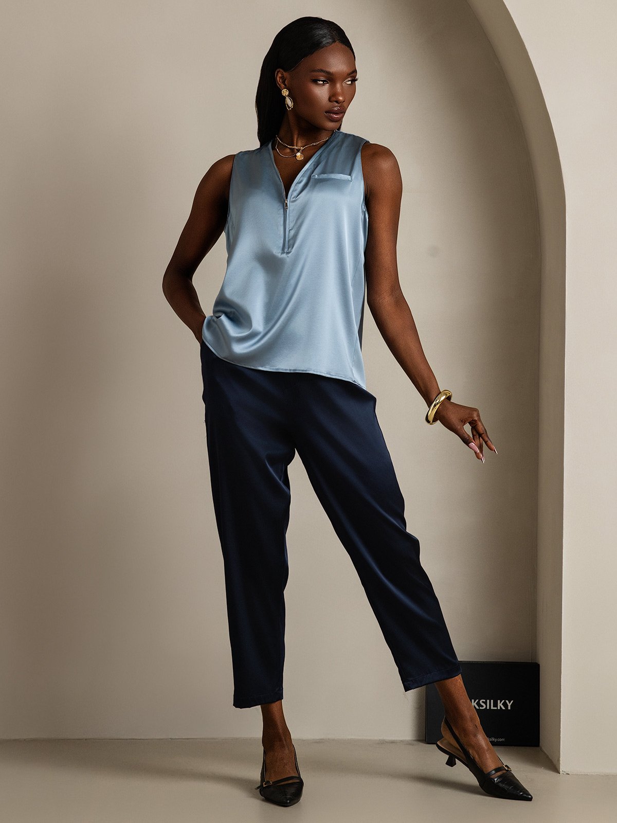 SilkSilky-ES 19Momme Seda Sin mangas Cuello en V Blusas de Mujer AzulGrisáceo 006