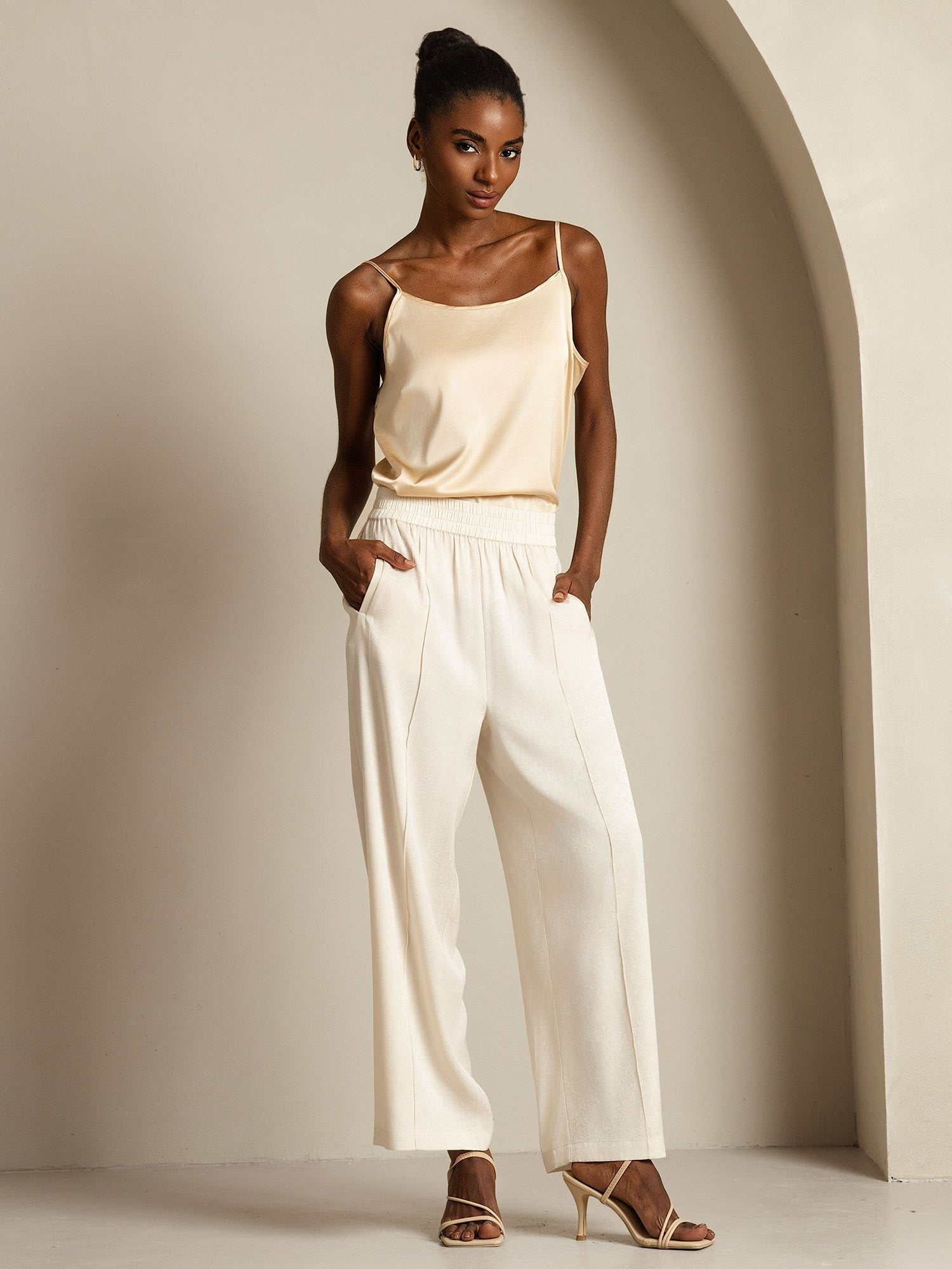[Beige] SilkSilky-ES 22Momme Seda Womens Pants 008