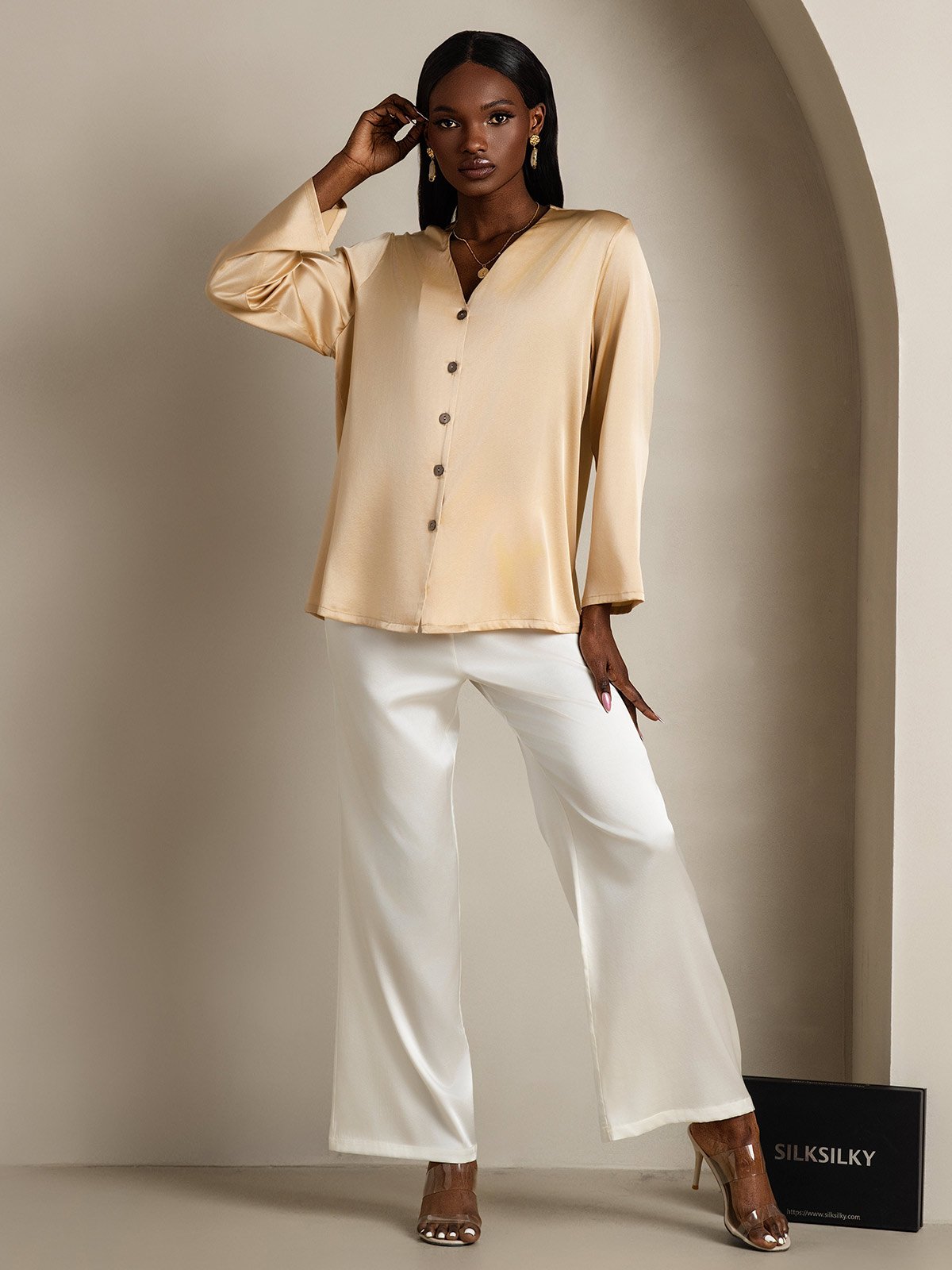 [Champán] SilkSilky-ES 19Momme Seda Cuello en V Blusas de Mujer 005
