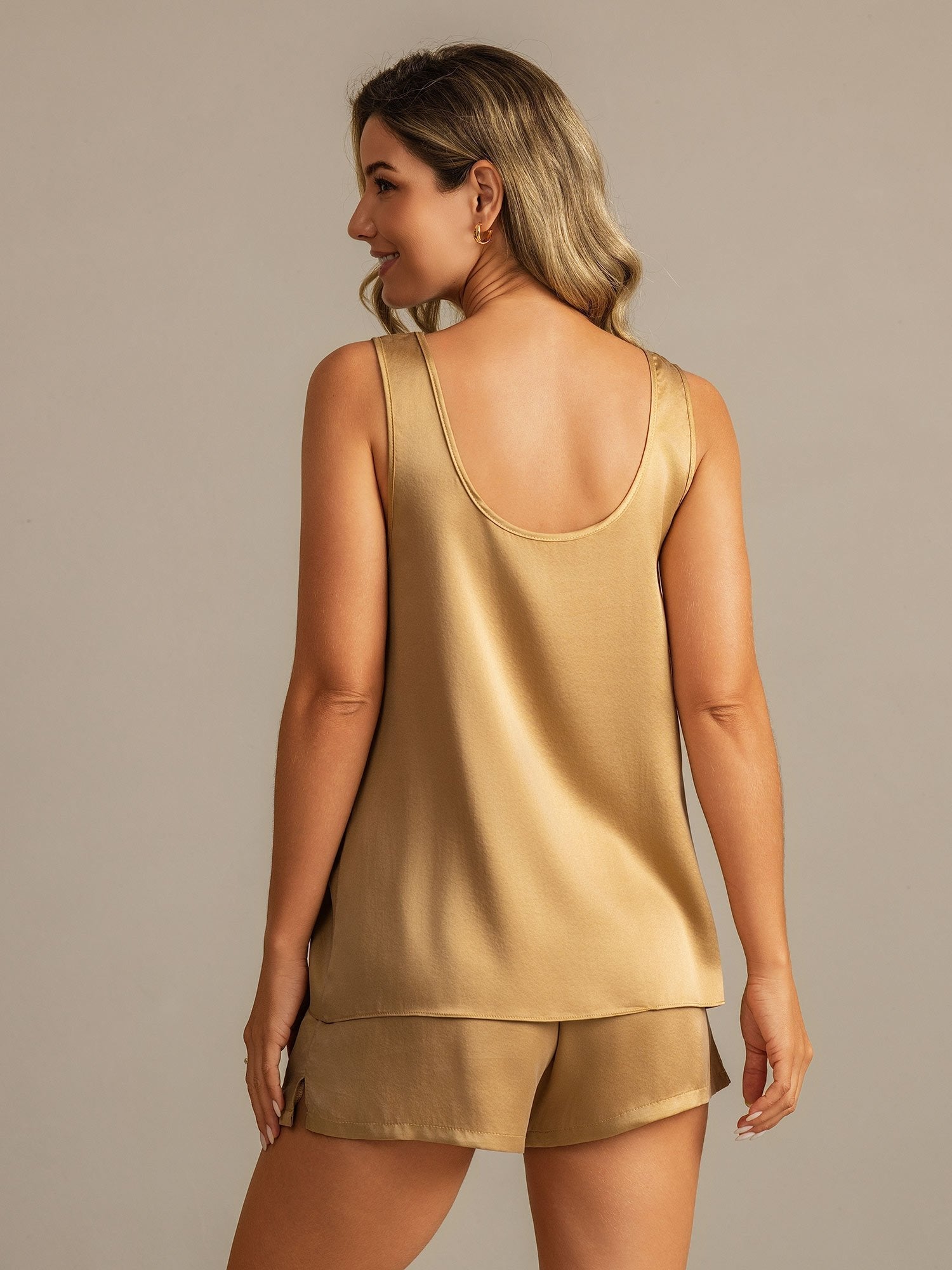 [MarrónClaro] SilkSilky-ES 19Momme Seda Cuello en U Pijamas de mujer 002