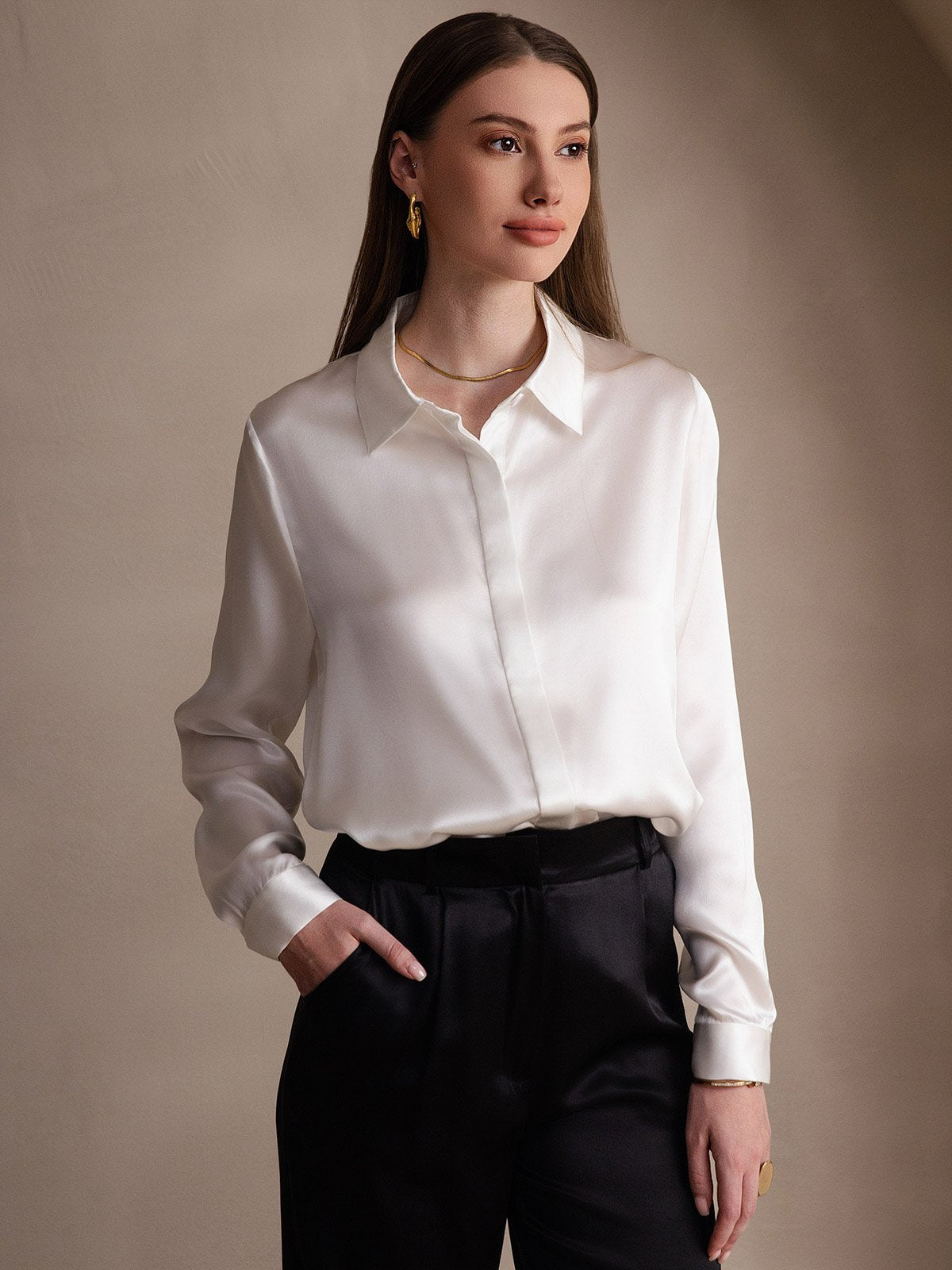 [Blanco] SilkSilky-ES Long Sleeve Lapel Collar Blusas de Mujer 001