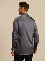 [Gris Oscuro] SilkSilky-ES Long Sleeve Stand Collar Camisa de hombre 002