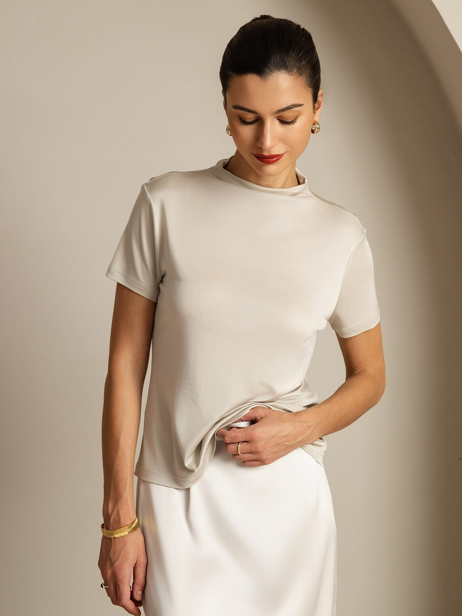 [Gris] SilkSilky-ES Seda Pura Cuello Camisero Camisetas de Mujer 005