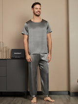 [Gris Oscuro] SilkSilky-ES Seda Pura Manga corta Round Neck Pijamas de hombre 001