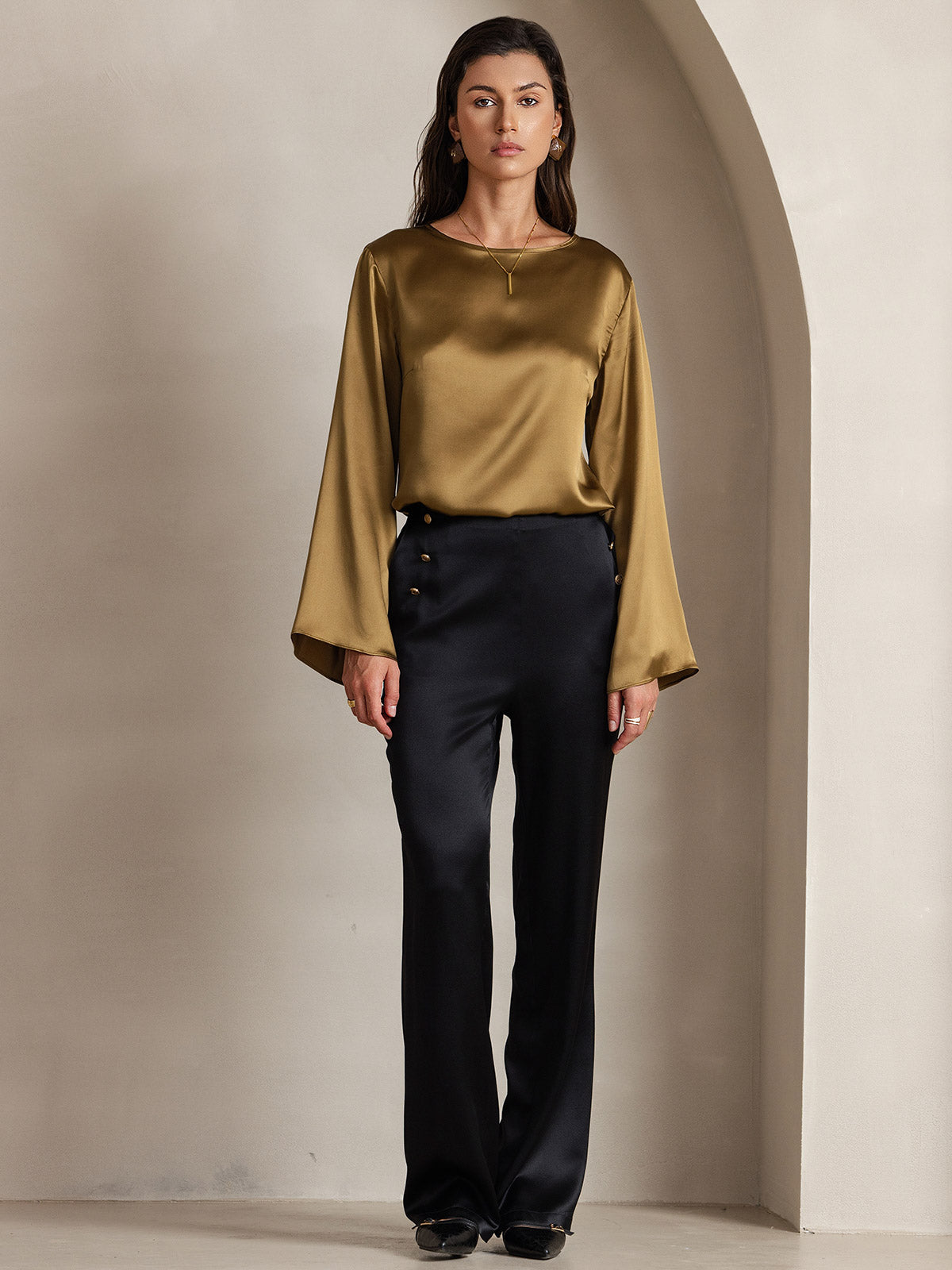 [Marrón] SilkSilky-ES 19Momme Seda Manga larga Blouse 004