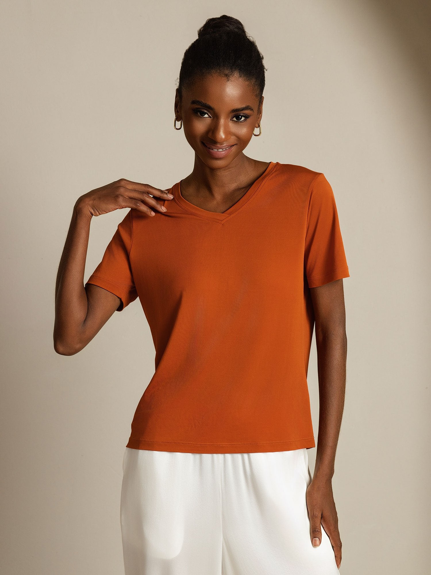 [Naranja] SilkSilky-ES Seda Pura Cuello en V Camisetas de Mujer 008