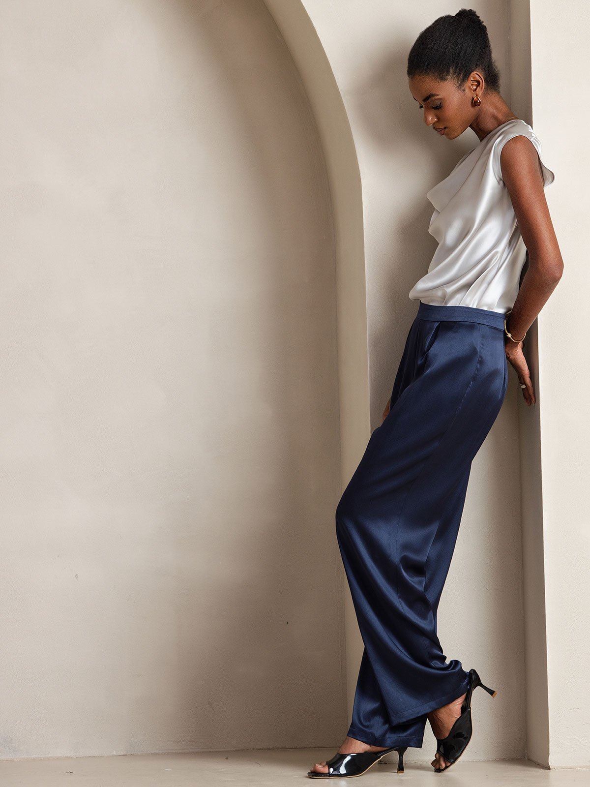 [Azul Oscuro] SilkSilky-ES 19Momme Seda Womens Pants 007
