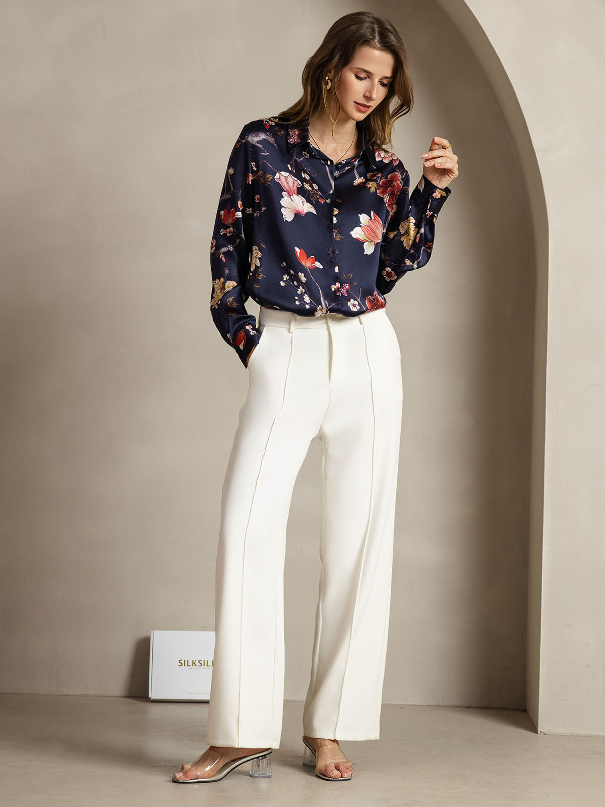 [Floral Azul Marino] SilkSilky-ES Seda Lapel Collar Blusas de Mujer 004