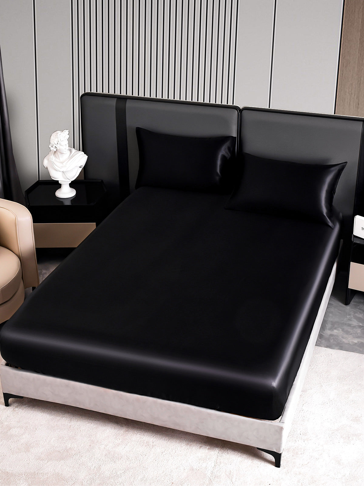 [Negro] SilkSilky-ES 22Momme Seda Pura Bedding Set 005