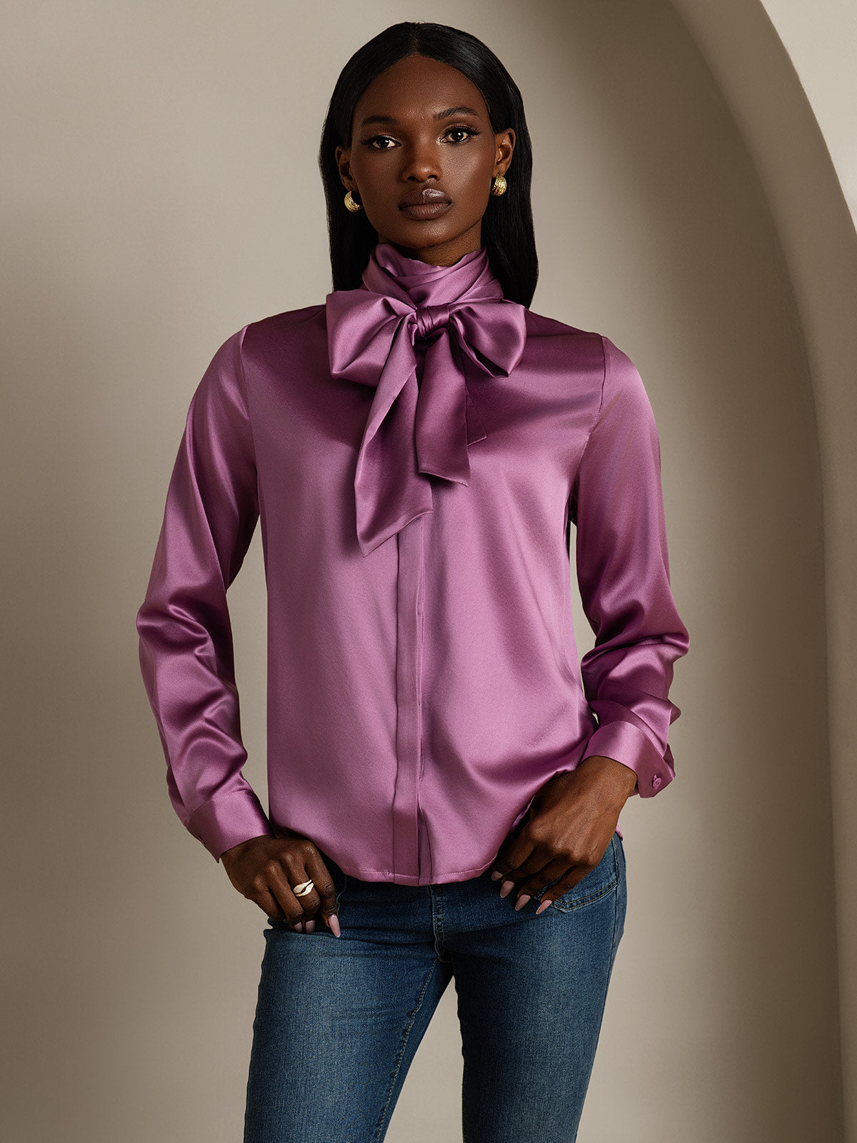 [Morado Oscuro] SilkSilky-ES 19Momme Seda Manga larga Corbata Blusas de Mujer 001