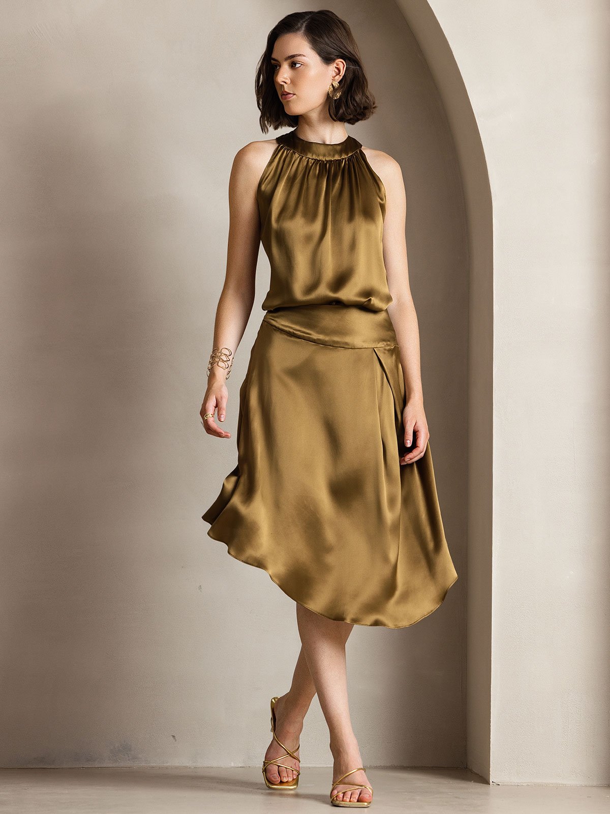 [Marrón] SilkSilky-ES 19Momme Seda Sin mangas Womens T-Shirt 006