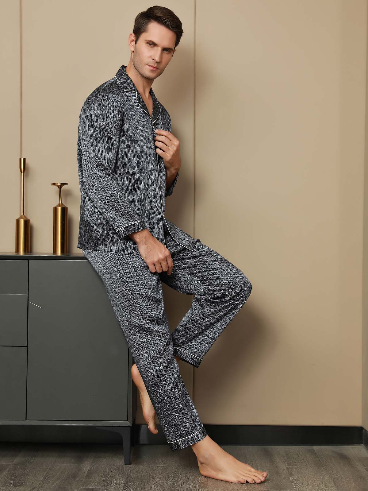 [Ginkgo Azul Marino] SilkSilky-ES 19Momme Seda Pura Mens Pajamas 005