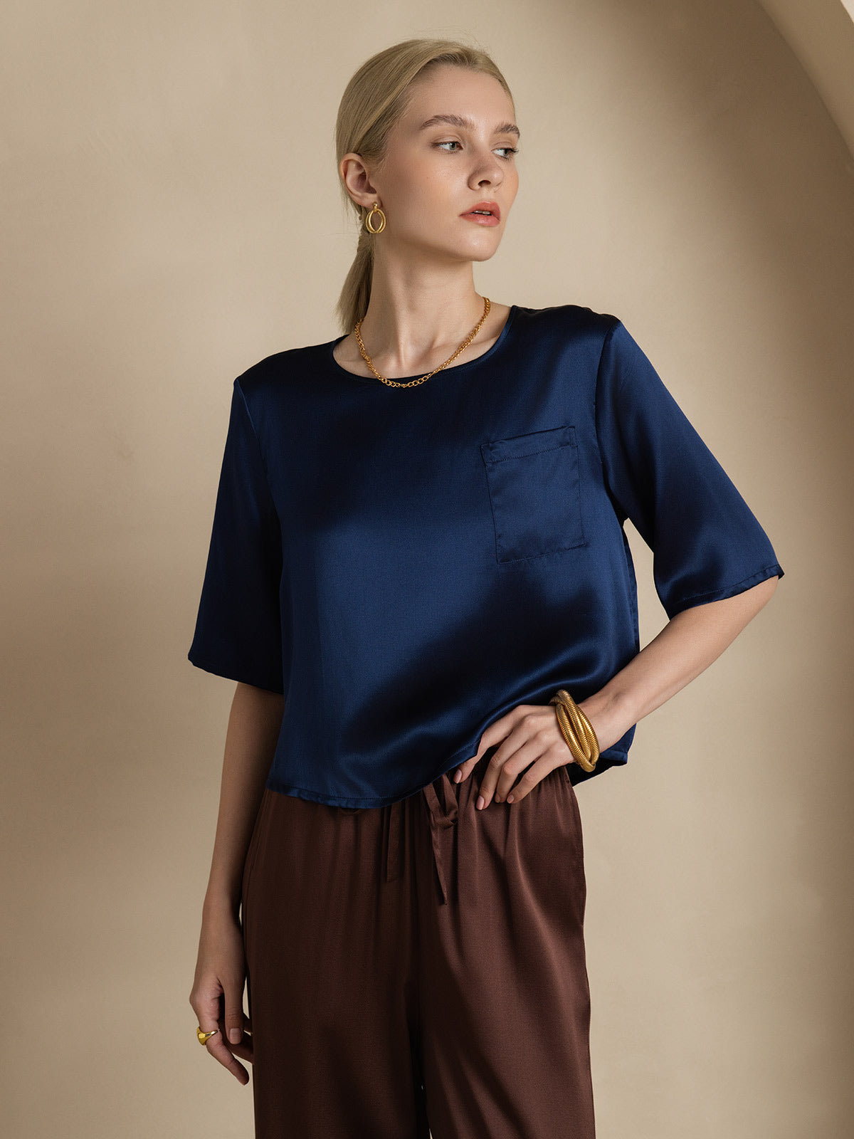 [Azul Oscuro] SilkSilky-ES Seda Pura Cuello Barco Camisetas de Mujer 004